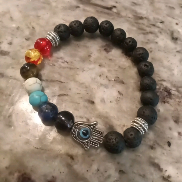 Genuine Chakra Healing Natural Stone Bead Evil Eye Hamsa Bracelet - Picture 2 of 5